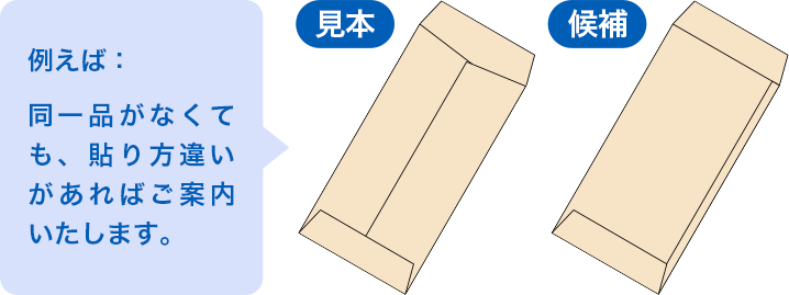 例えば:同一品がなくても、貼り方違いがあればご案内いたします。 見本 候補