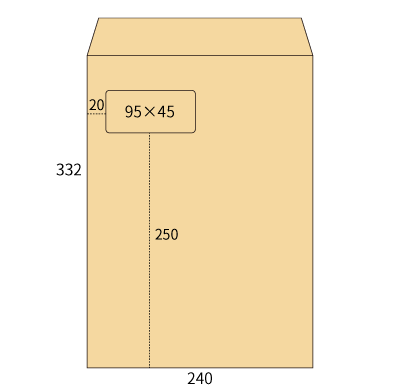 角形2号 クラフト 窓付 95×45
幅 x 天地：240 x 332mm
米坪：85g/m2