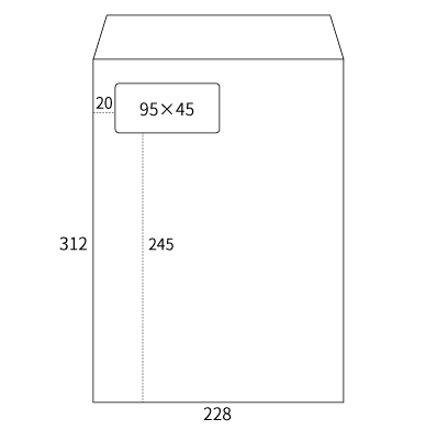 角形A4 窓付 95×45 裏地紋 (100枚)
幅 x 天地：228 x 312mm
米坪：105g/m2