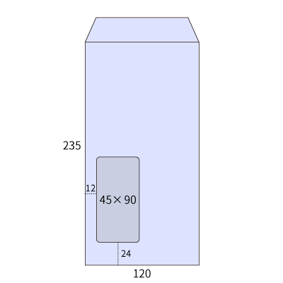 長3セロ窓1号 透けないコーティング パステルアクア80 (〒枠ナシ)
幅 x 天地：120 x 235mm
米坪：80g/m2
