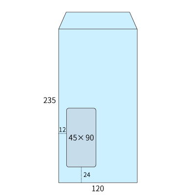 長3セロ窓1号 透けないコーティング パステルブルー (〒枠ナシ)
幅 x 天地：120 x 235mm
米坪：80g/m2