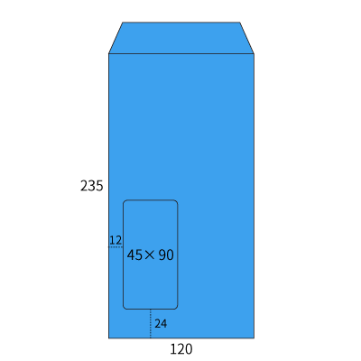 長3セロ窓1号ブルー85中貼(〒枠ナシ)
幅 x 天地：120 x 235mm
米坪：85g/m2