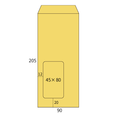 長4 ハイルック OKクラフト 70 中貼 (〒枠なし)(窓45×80)
幅 x 天地：90 x 205mm
米坪：70g/m2